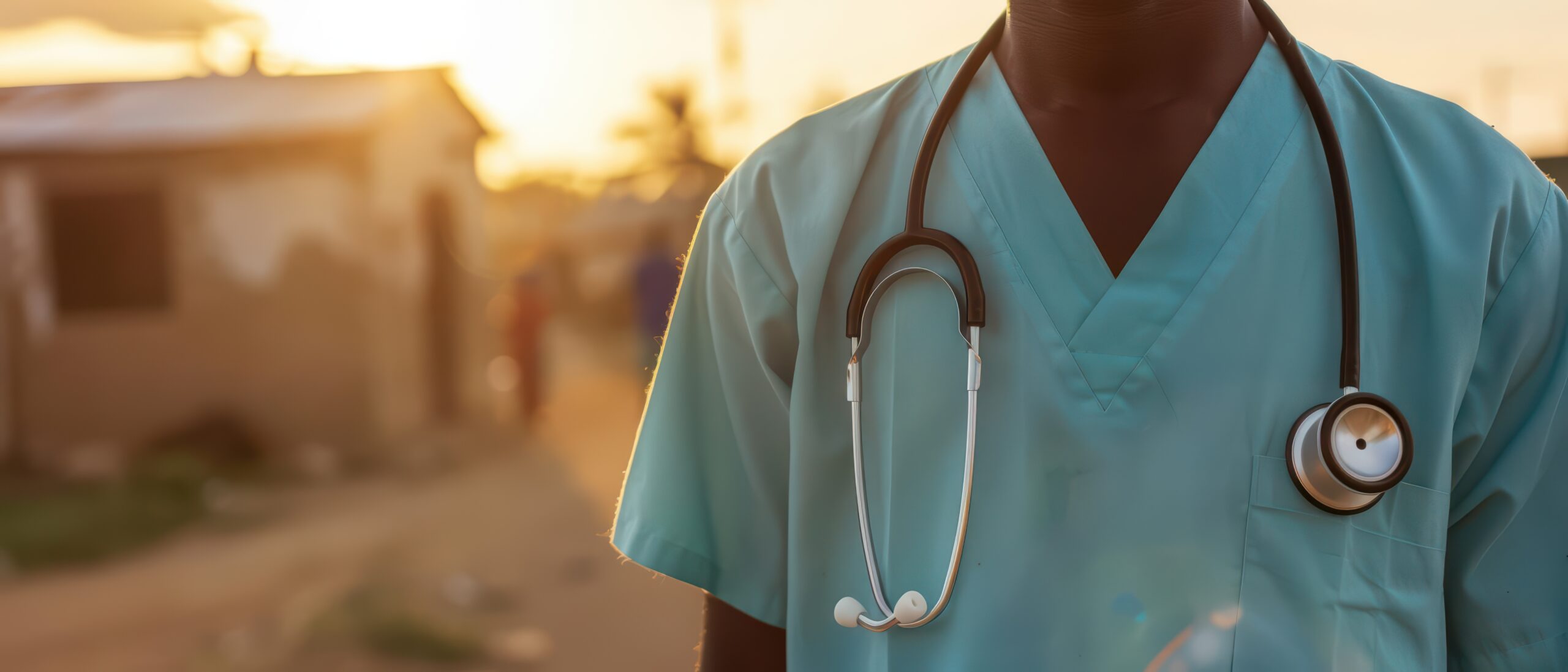 A splash of dedication in a rural healthcare outpost, sunlight filtering through the modest facility, where doctors bring advanced medical care to underserved communities, bridging the gap in healthcare access, rural medicine, banner, with copy space